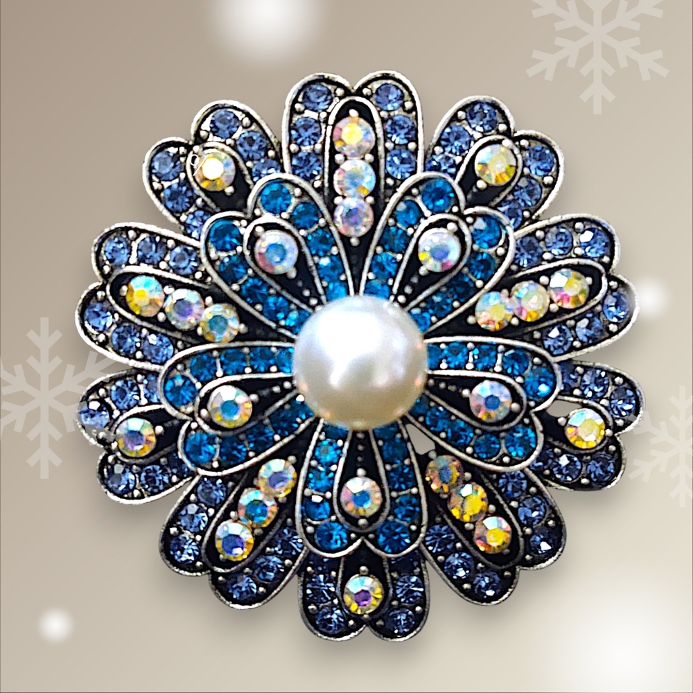 Blue and Silver Tone Floral Brooch
